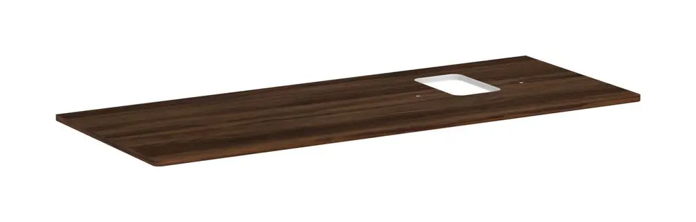 Hansgrohe Konsole aus Holz mit dunkler Nussbaum-Oberfläche. Rechteckige Form mit Ausschnitt für Aufsatzwaschtisch und Hahnloch.